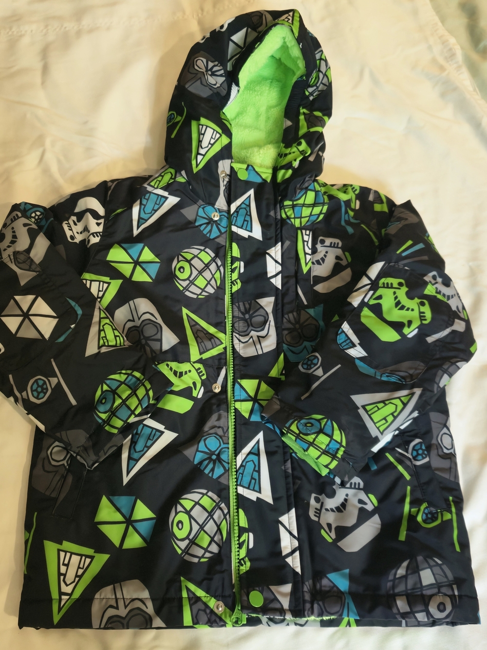 Amazon Essentials Black Hooded Puffer Jacket with Neon Green & Aqua Accents